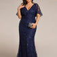 Fashion Plus Size V Neck Mermaid Sequin & Tulle Evening Dress
