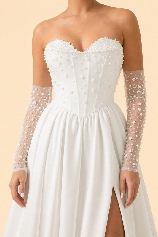 Strapless A-Line Wedding Dress with Basque Waist Beading Slit Open Back for Plus Size Brides