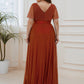Plus Size V Neck Ribbon Waist Formal Evening Dress With Sleeves