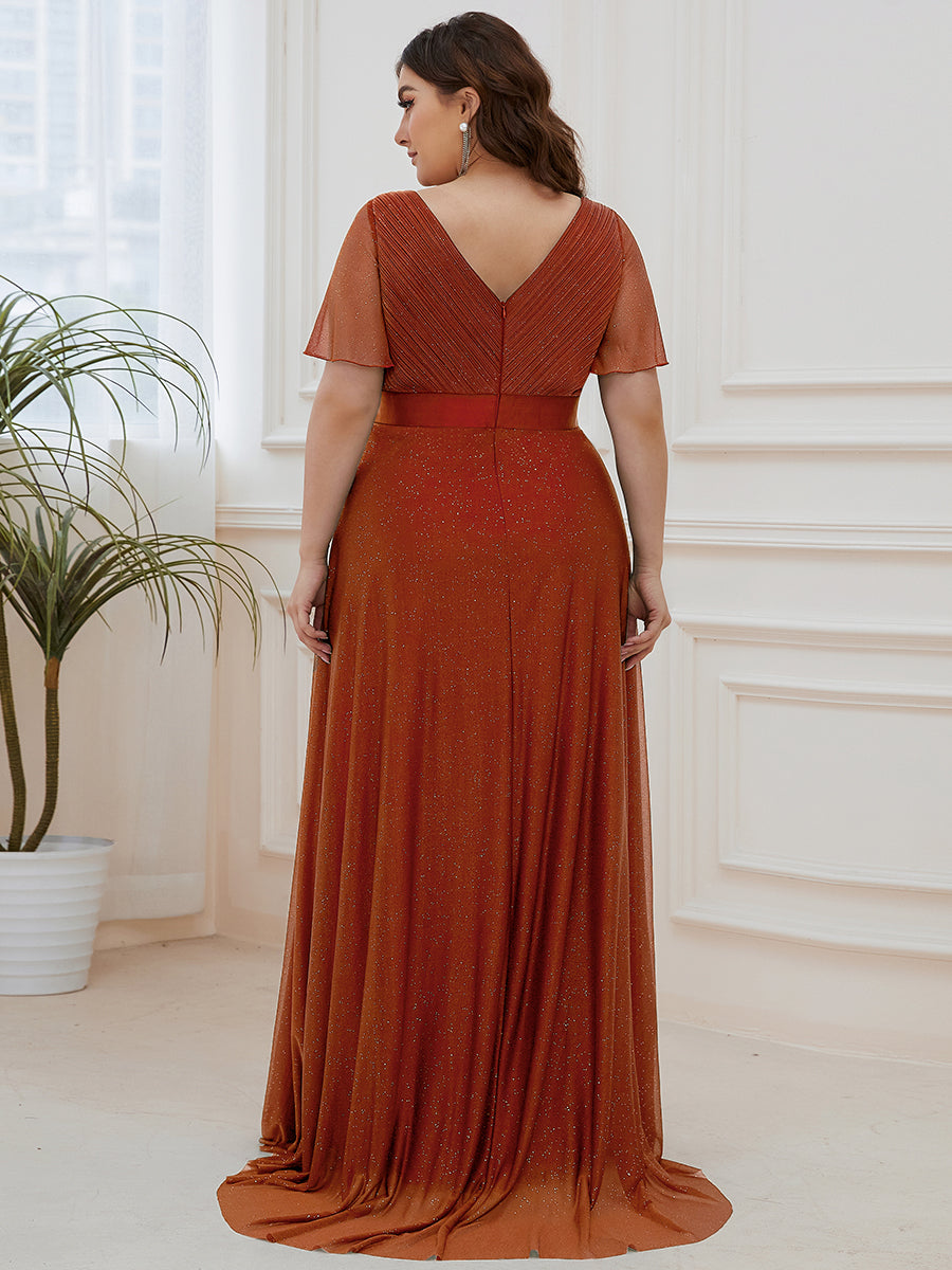 Plus Size V Neck Ribbon Waist Formal Evening Dress With Sleeves
