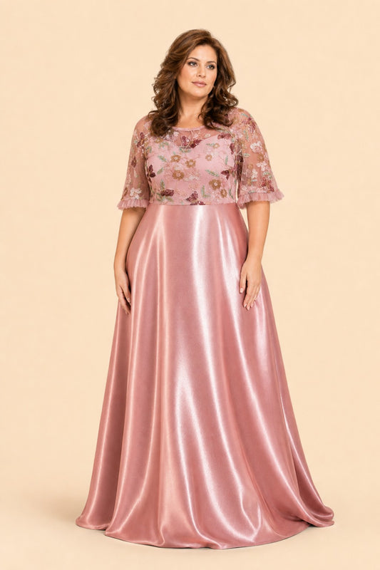 Plus Size Formal Prom Dress with Sequin Embroidery and A-Line Skirt