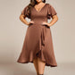 Plus Size V-Neck Satin Midi Wedding Guest Dress with Ruffled Skirt