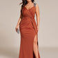 Plus Size Glitter V-Neck High Slit Sequin Shoulder Strap Evening Dress