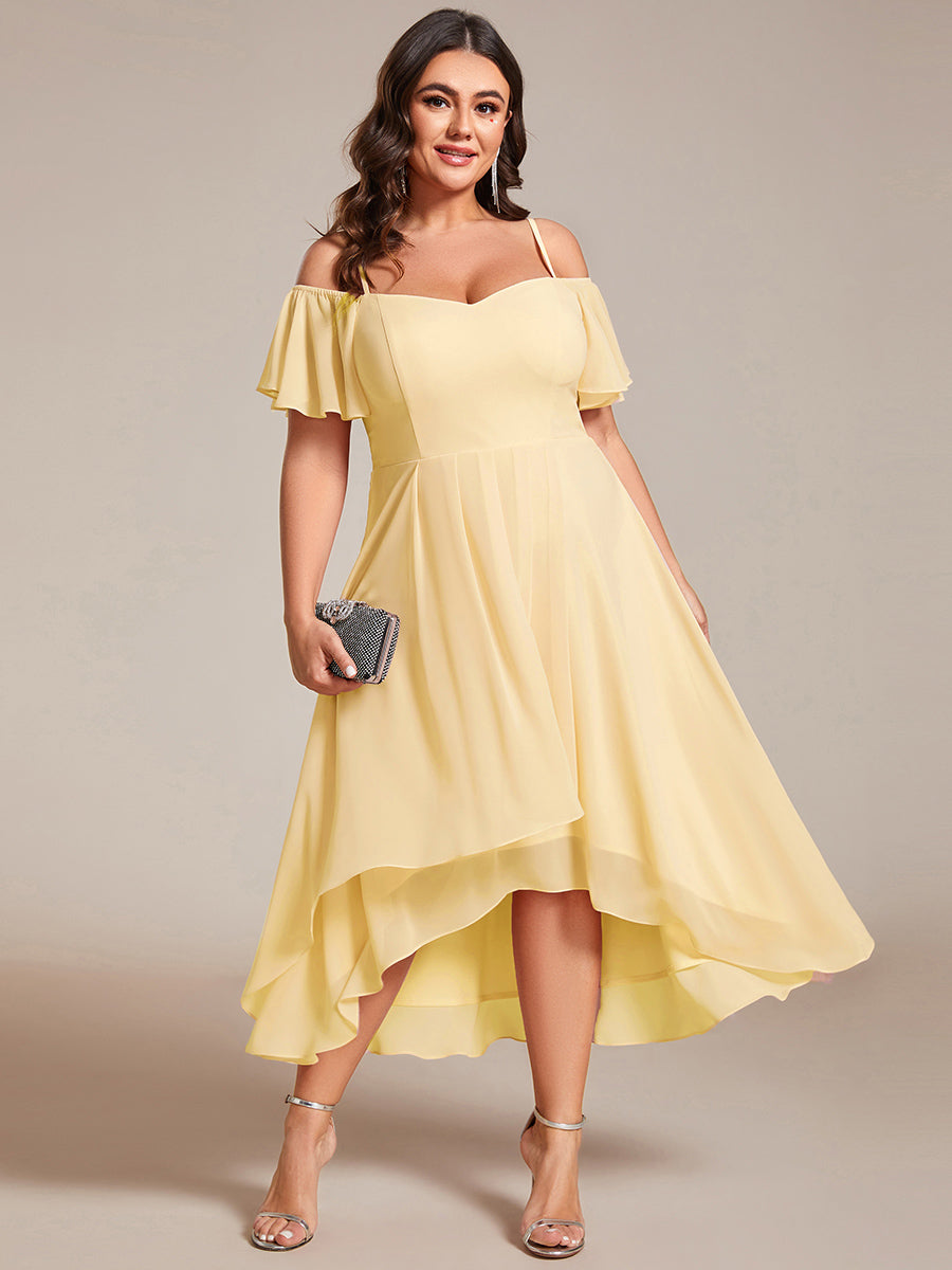 Plus Size Cold Shoulder Sweetheart Necklin Chiffon Midi Wedding Guest Dress