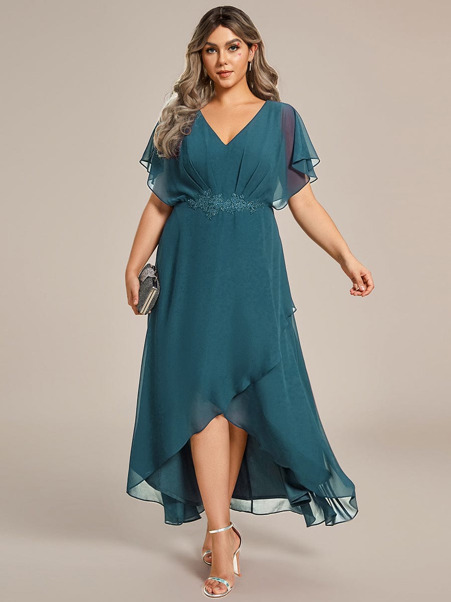 Plus Size V-Neck Chiffon Bat-Wing Sleeve A-Line Waist Applique Formal Dress