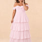 Elegant A Line Maxi Bridesmaid Dress Pleated Tiered Off Shoulder Design