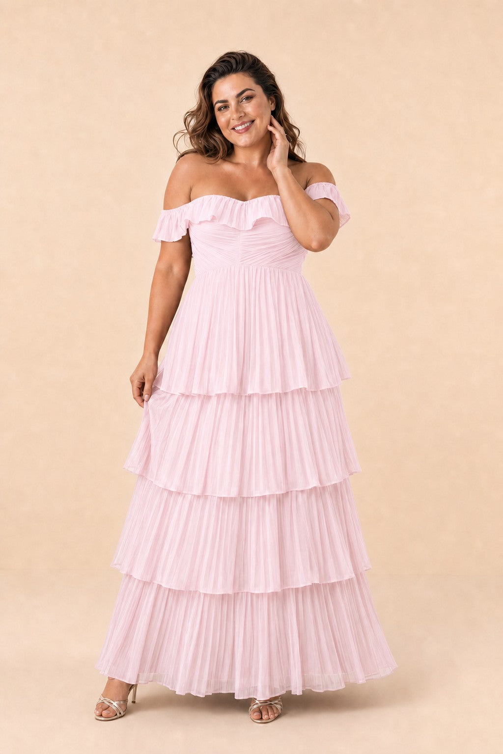 Elegant A Line Maxi Bridesmaid Dress Pleated Tiered Off Shoulder Design