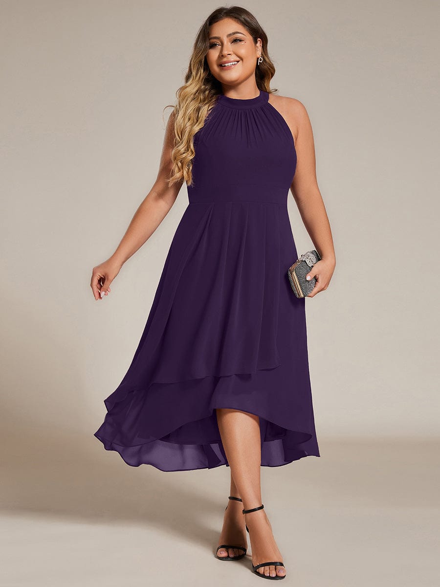Flowy Plus Size Halter Neck Chiffon Midi Wedding Guest Dress