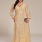 Plus Size V-Neck Lantern Long Sleeve Sequin A-Line Evening Dress