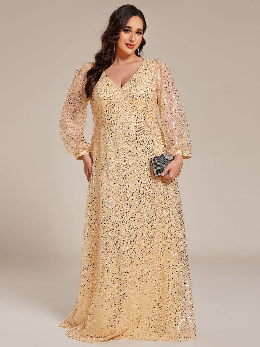 Plus Size V-Neck Lantern Long Sleeve Sequin A-Line Evening Dress