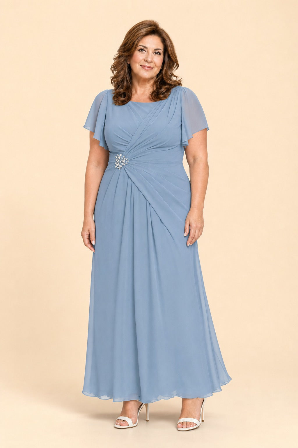 Plus Size A-Line Mother of the Bride Dress with Pleated Chiffon Flutter Sleeves