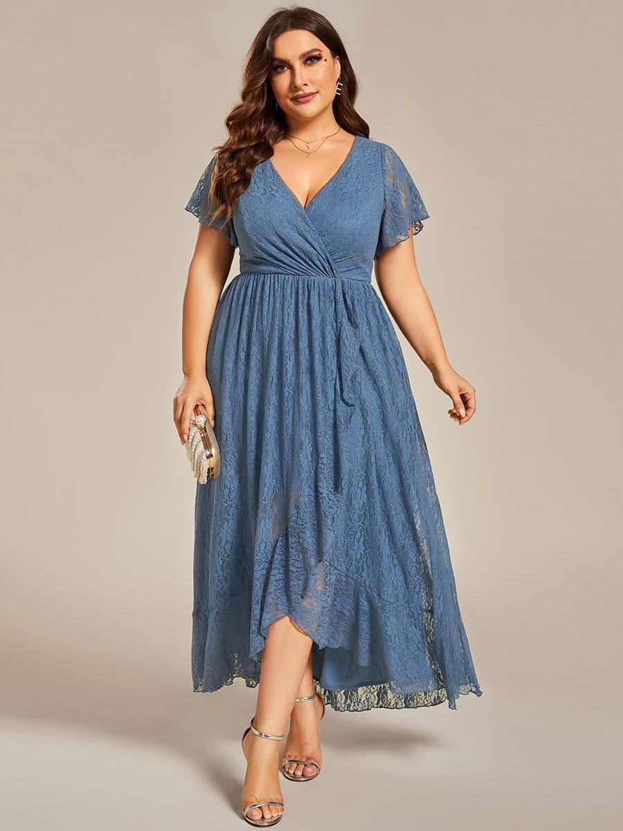 Plus Size Short Sleeve Ruffled V-Neck A-Line Lace Wedding Guest Dress