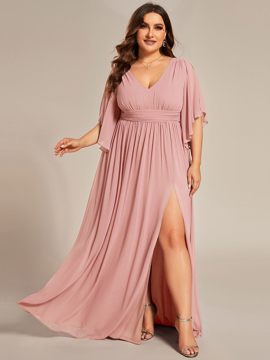 Plus Size Half Sleeve Pleated A-Line V-Neck Chiffon Bridesmaid Dress