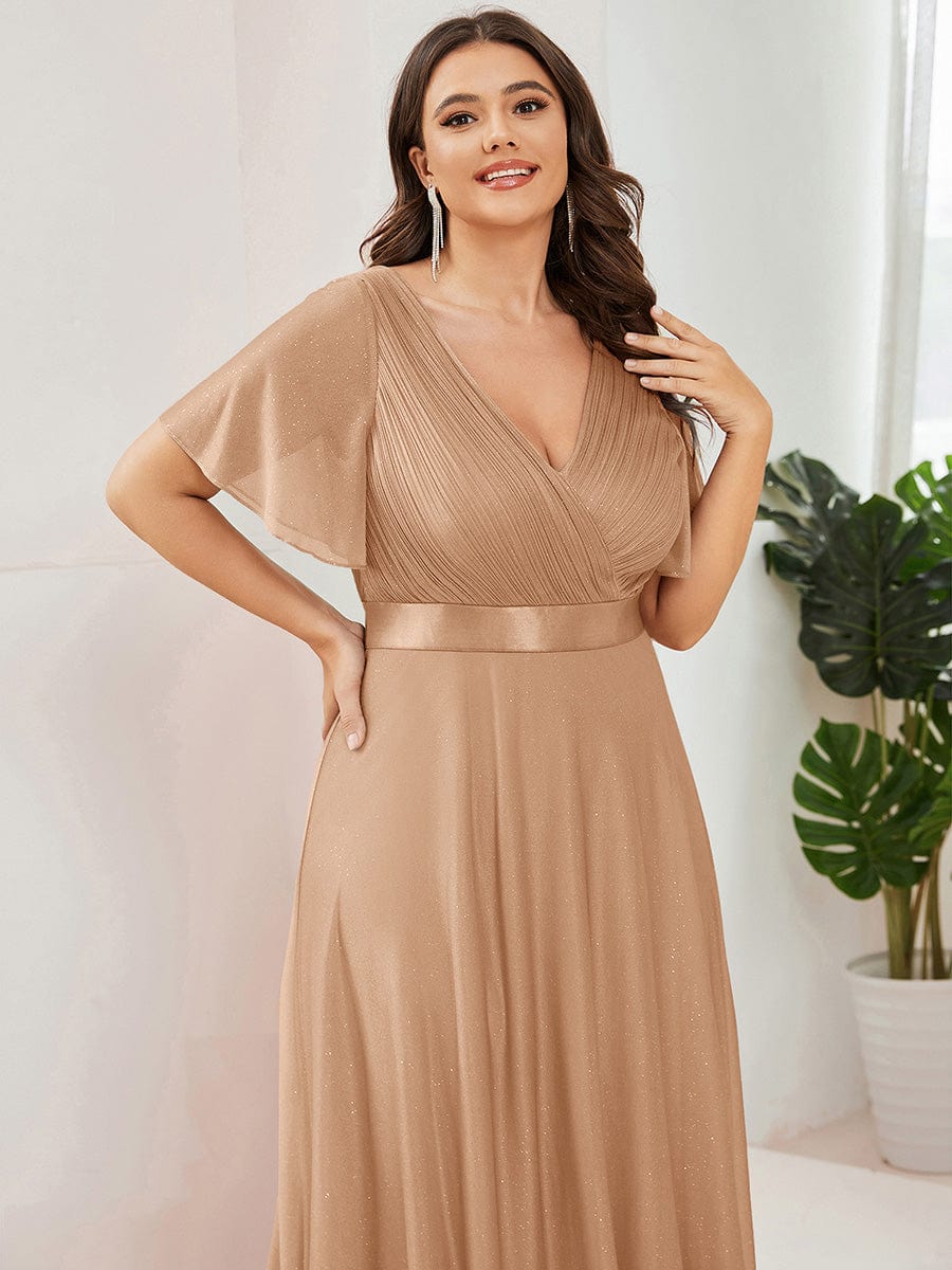 Plus Size V Neck Ribbon Waist Formal Evening Dress With Sleeves