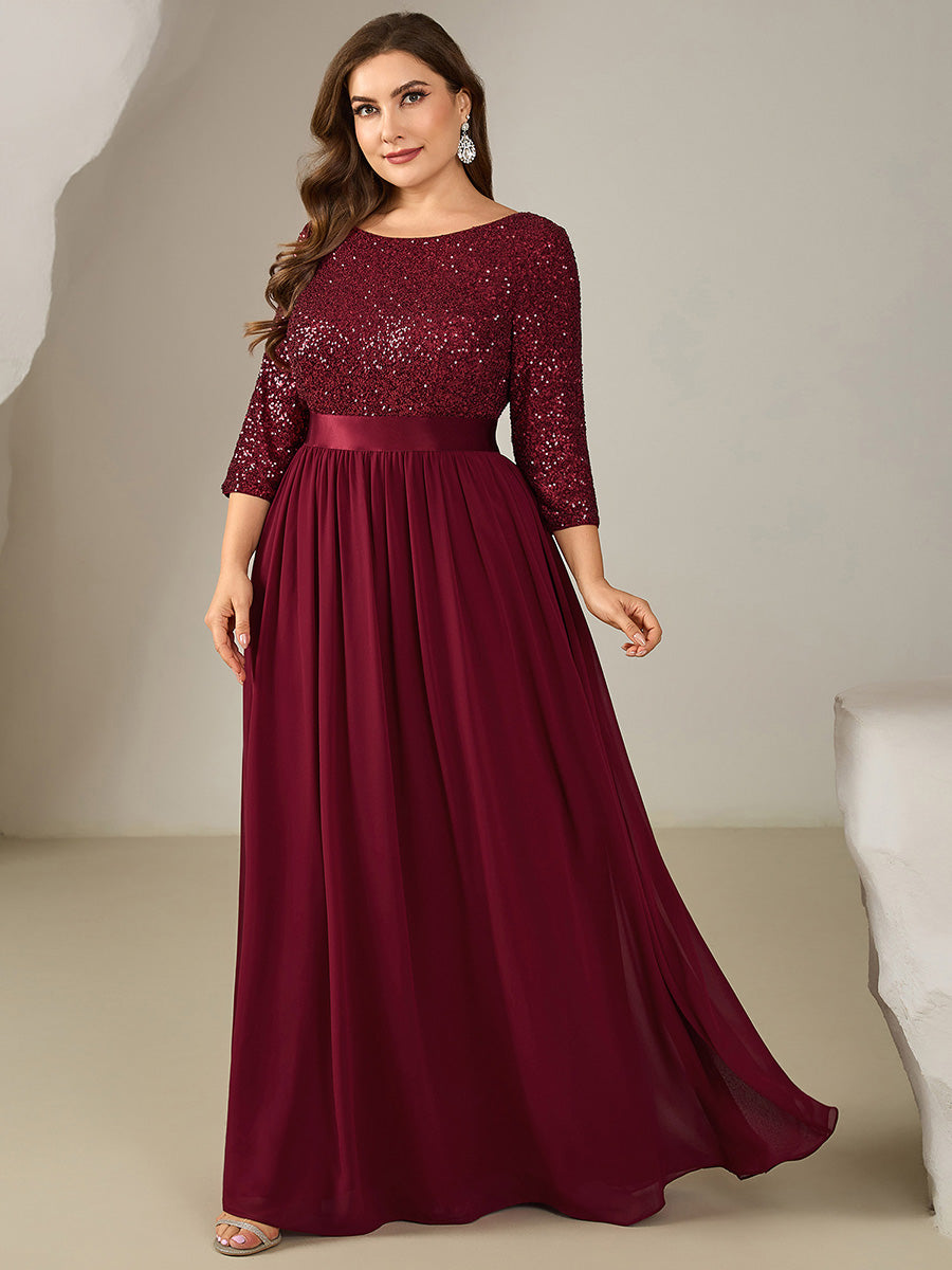 Plus Size  Sequin 3/4 Sleeves Evening Dress