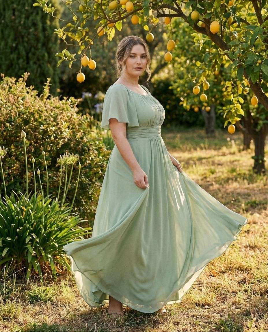 Petaline Elegant Chiffon A-Line Bridesmaid Gown with Short Sleeves N0324