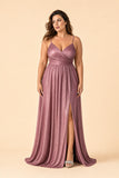 Plus Size Shimmer Bridesmaid Dress Deep V Pleated Slit A-Line Formal Evening Gown Elegant