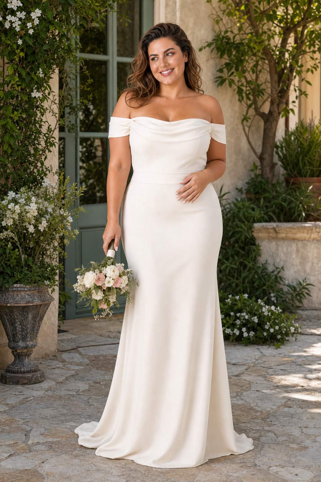 Plus Size Off Shoulder Ruched Bridesmaid Dress with Statement Back Bow