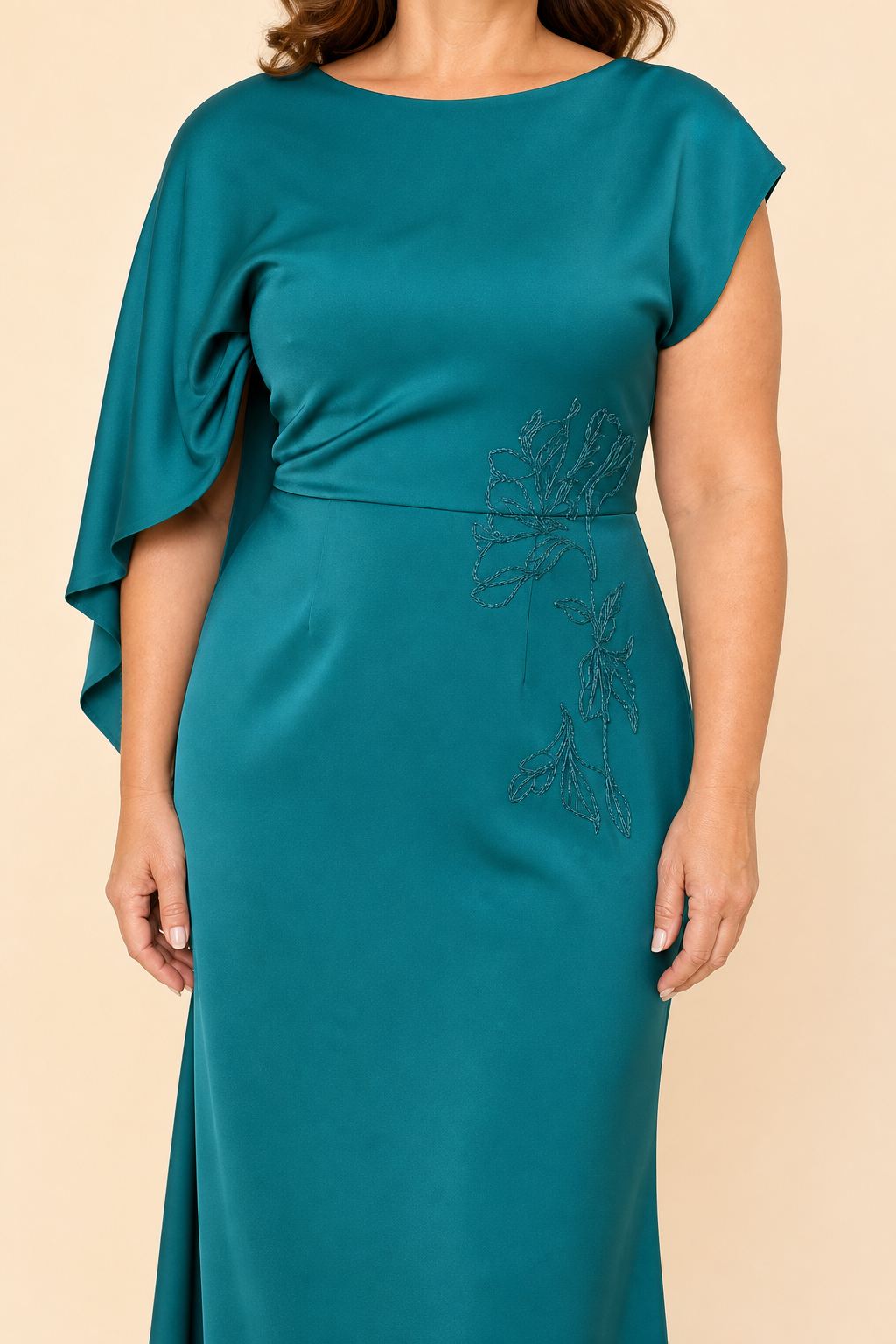 Plus Size Mother of the Bride Dress with Asymmetrical Cape and Embroidery