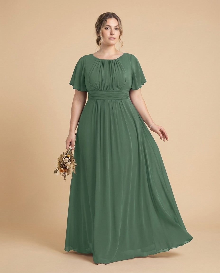 Petaline Elegant Chiffon A-Line Bridesmaid Gown with Short Sleeves N0324