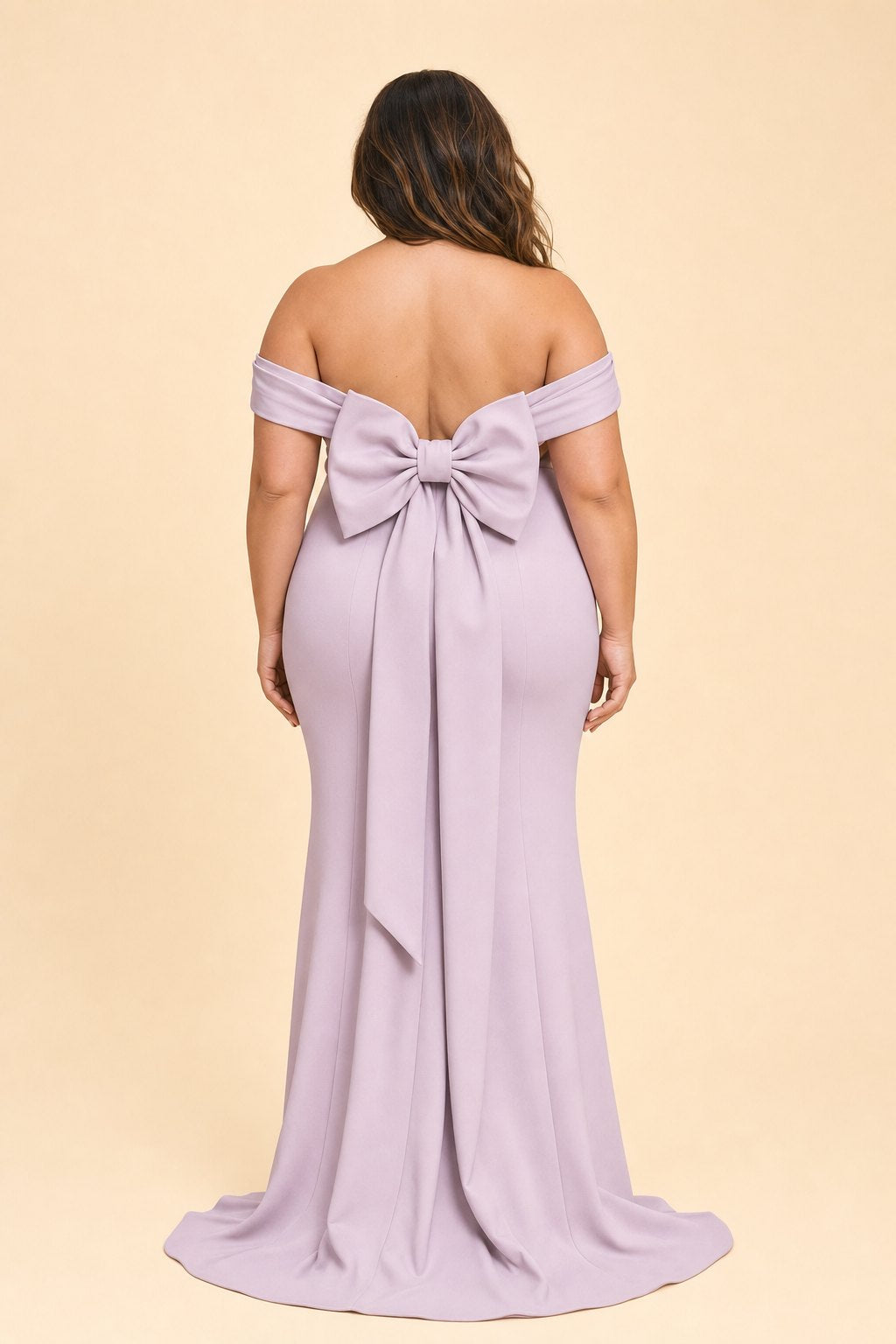 Plus Size Off Shoulder Ruched Bridesmaid Dress with Statement Back Bow