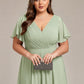 Plus Size Double V-Neck Ruffles Sleeve Chiffon Midi Wedding Guest Dress