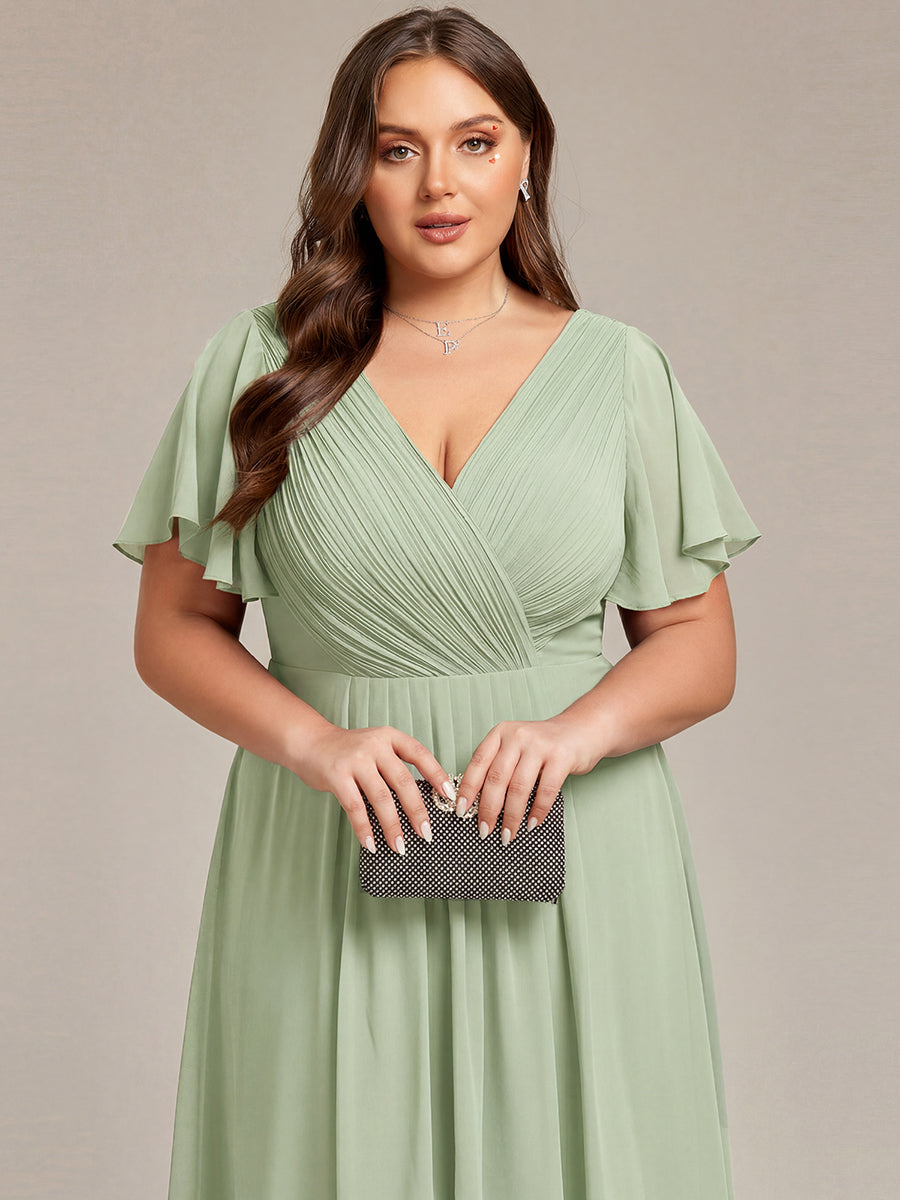 Plus Size Double V-Neck Ruffles Sleeve Chiffon Midi Wedding Guest Dress