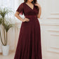 Plus Size V Neck Ribbon Waist Formal Evening Dress With Sleeves