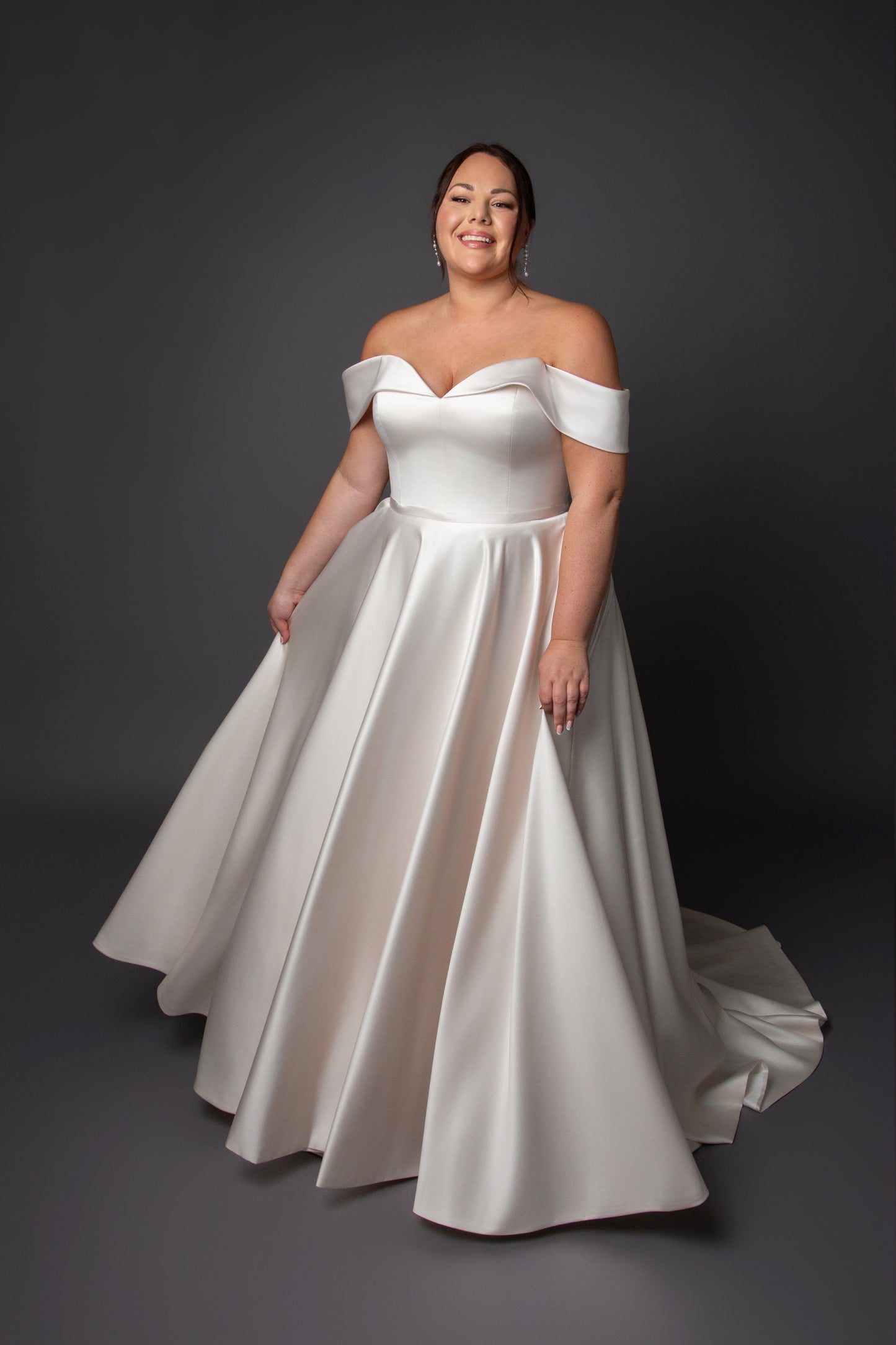 Satin A-line gown neckline with full circular skirt