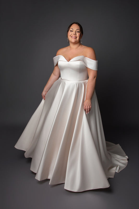 Satin A-line gown neckline with full circular skirt
