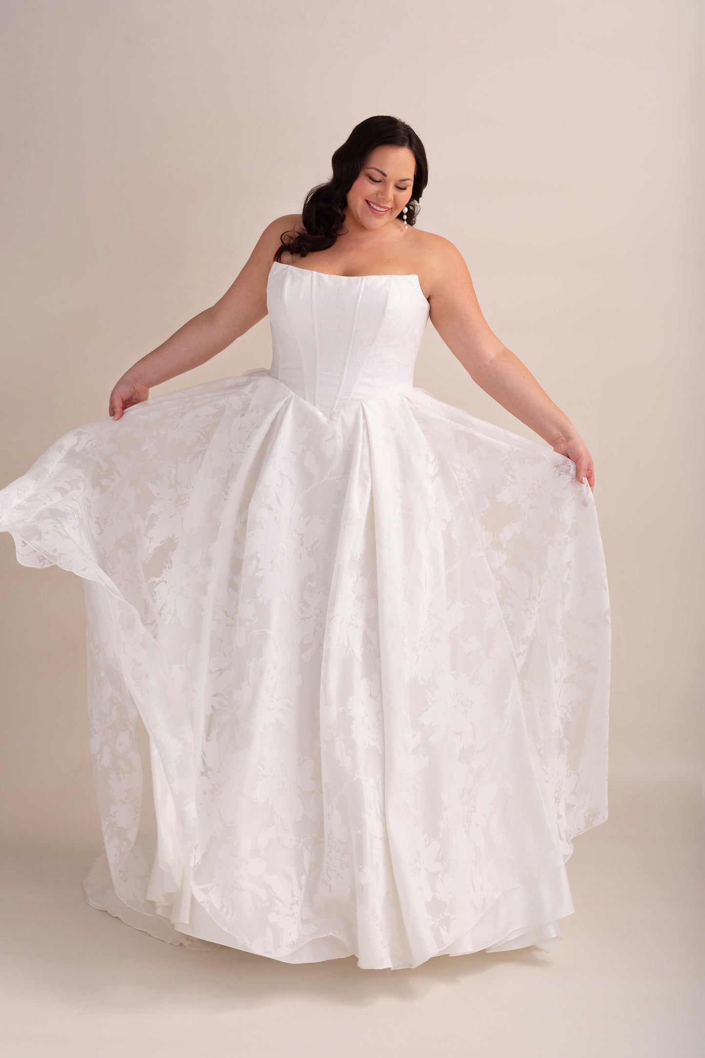 Printed Organza Ball Gown Wedding Dress with Cat Eye Neckline, V Waist