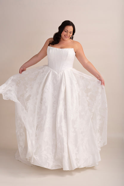 Printed Organza Ball Gown Wedding Dress with Cat Eye Neckline, V Waist