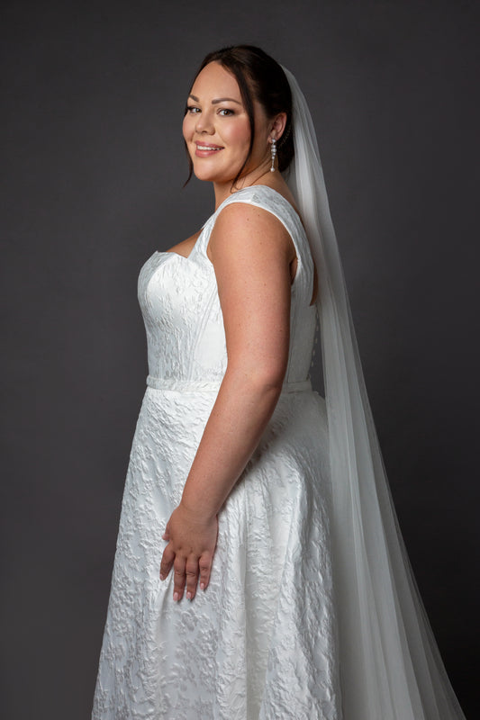 Aline wedding dress with square neckline cap sleeves