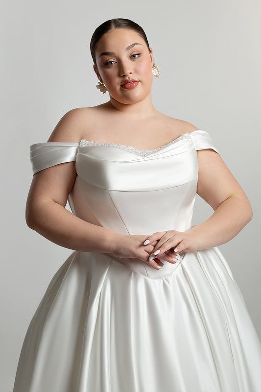 Drape front bodice with pearl detailing sheer back