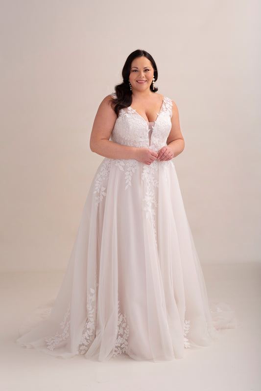 Lace and Tulle A-Line Wedding Gown with Lace Appliqué and Deep Plunge