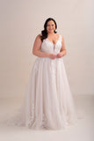 Lace and Tulle A-Line Wedding Gown with Lace Appliqué and Deep Plunge