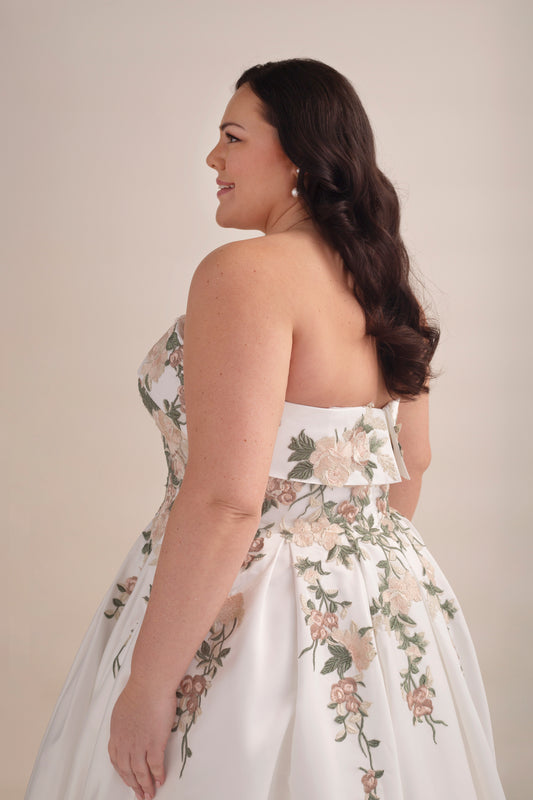 Strapless Satin Ball Gown Wedding Dress with Embroidered Bodice