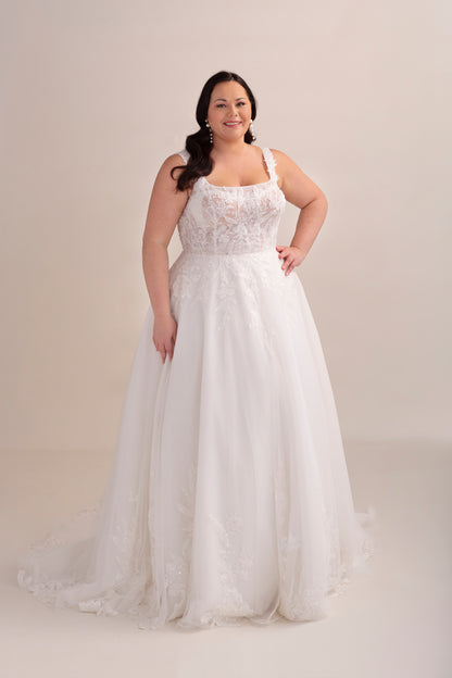 Lace and Tulle A-Line Wedding Gown with Square Neckline