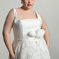 Square neckline bodice with bow detail on waistline, A-line skirt