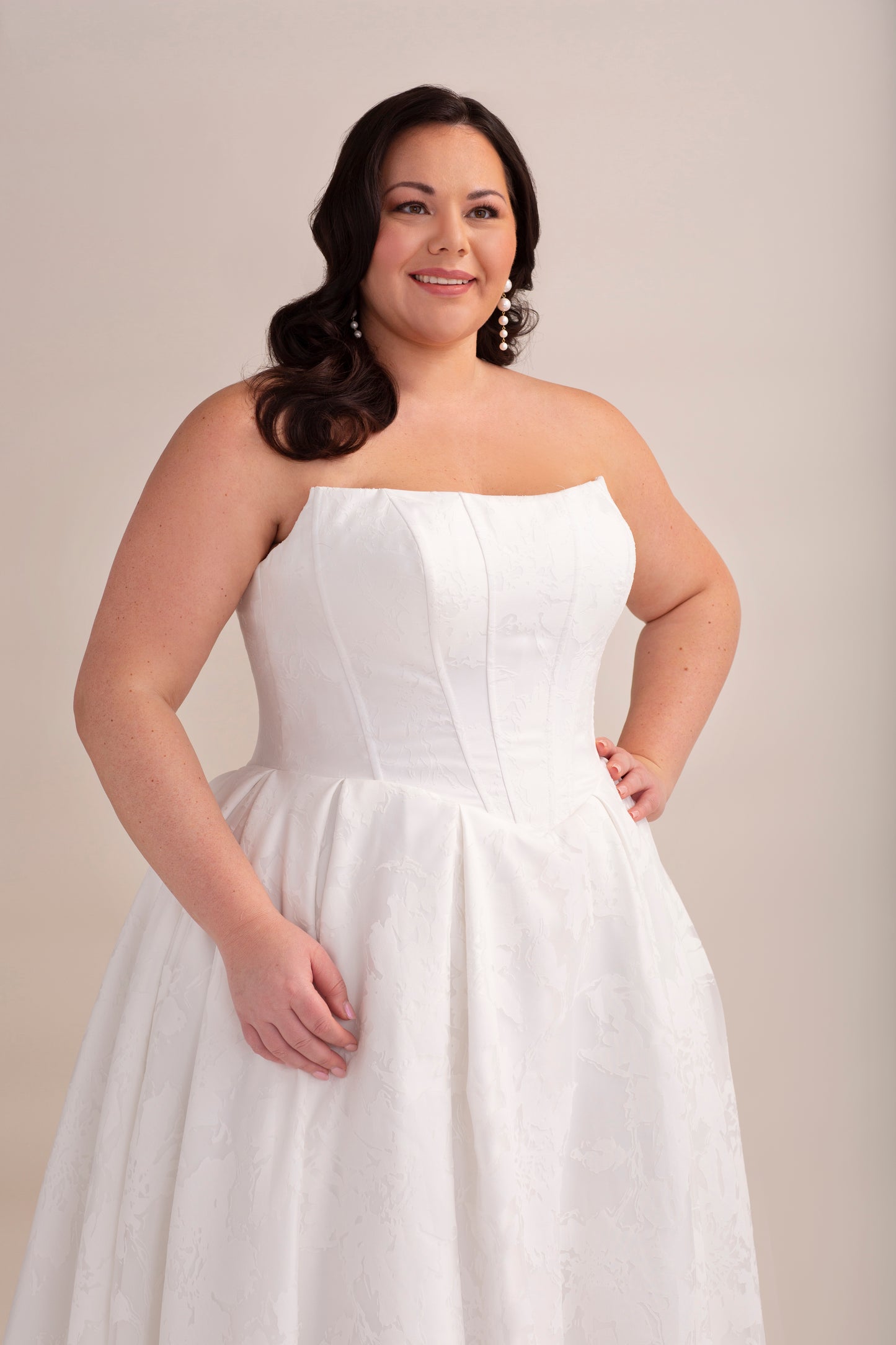 Printed Organza Ball Gown Wedding Dress with Cat Eye Neckline, V Waist