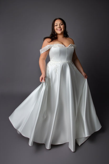 Corset style bodice wedding dress with lace drop shoulder full skirt