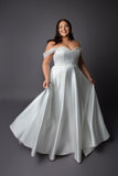 Corset style bodice wedding dress with lace drop shoulder full skirt