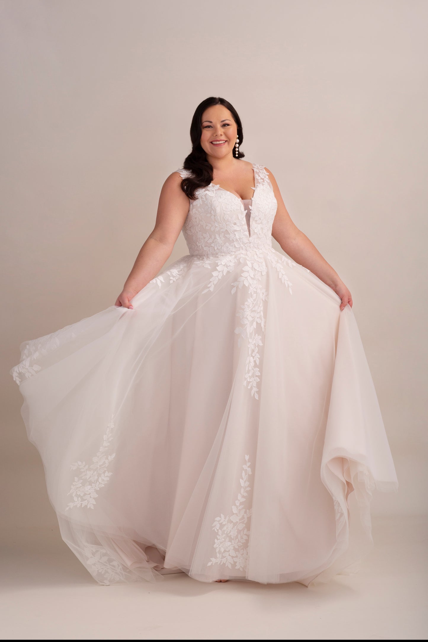 Lace and Tulle A-Line Wedding Gown with Lace Appliqué and Deep Plunge