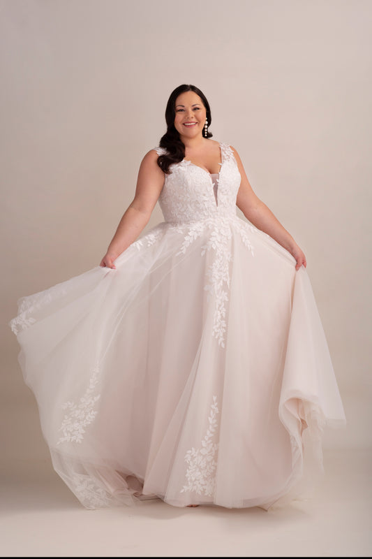 Lace and Tulle A-Line Wedding Gown with Lace Appliqué and Deep Plunge