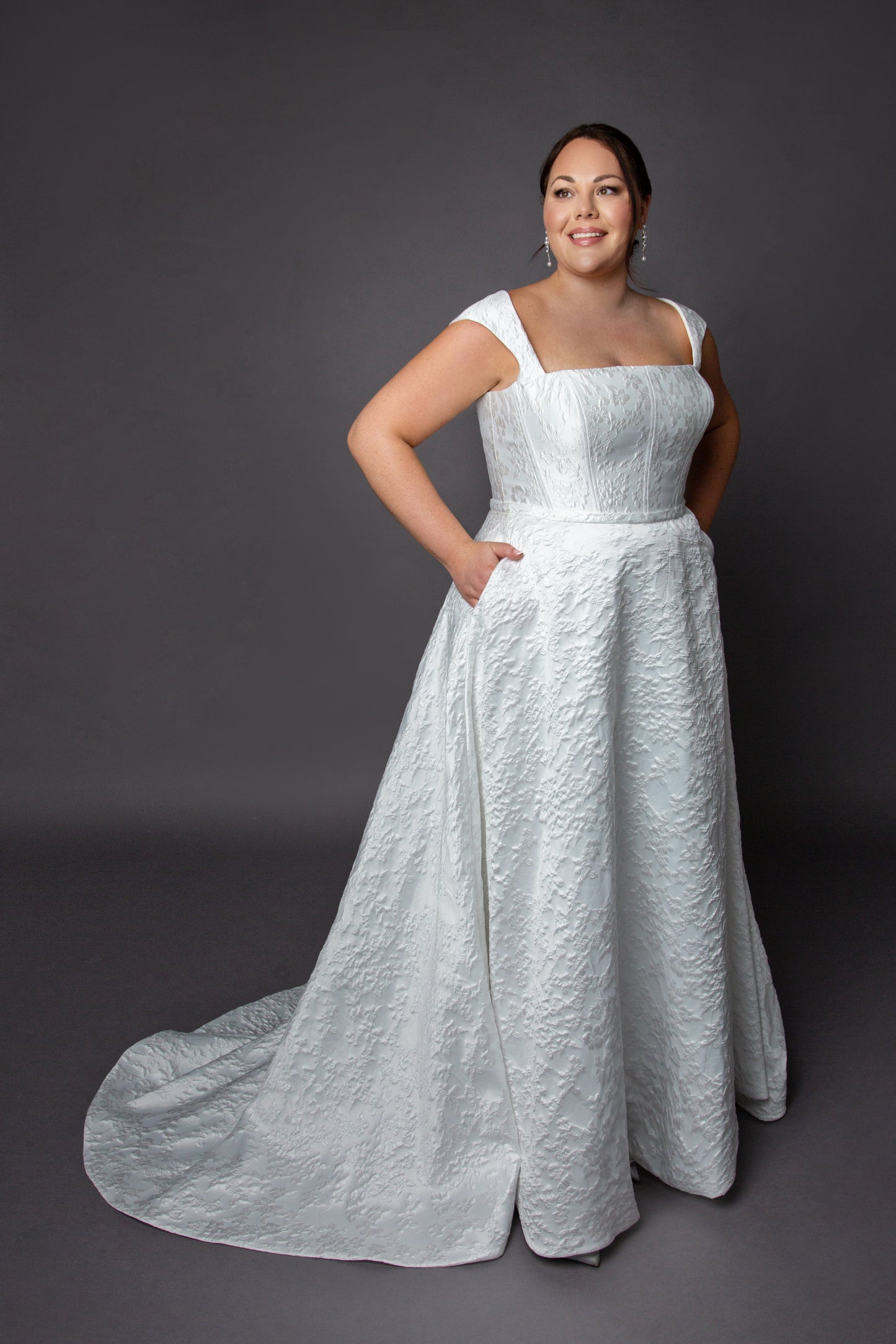 Aline wedding dress with square neckline cap sleeves