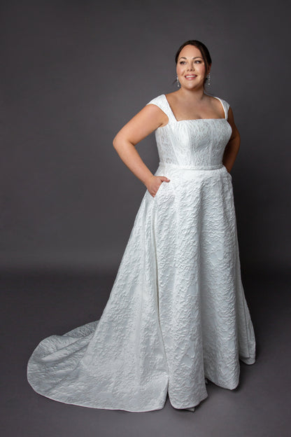 Aline wedding dress with square neckline cap sleeves