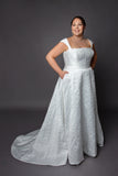 Aline wedding dress with square neckline cap sleeves