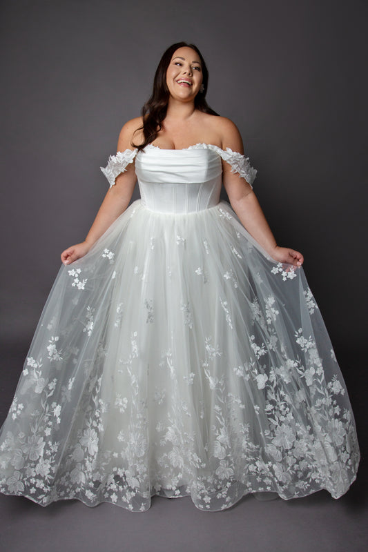Satin corset bodice wedding dress with beaded tulle