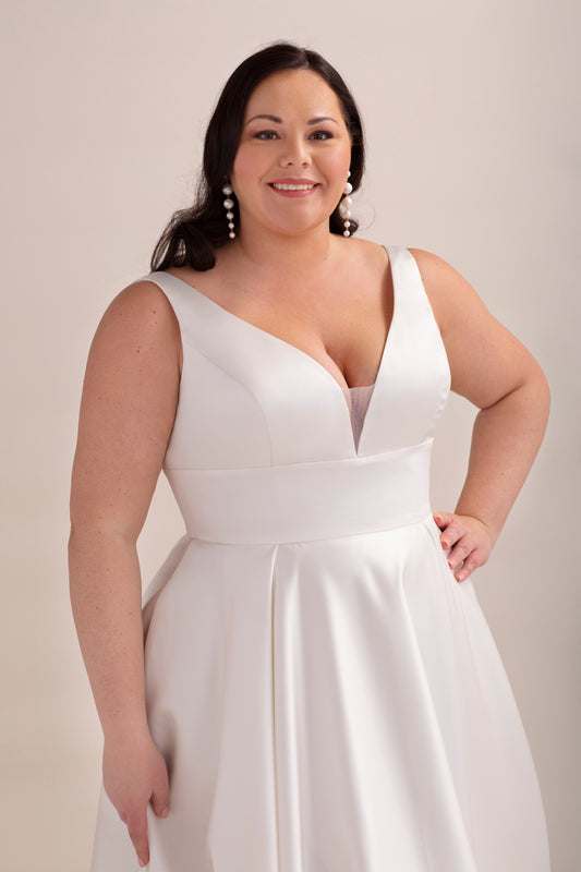 Satin A-Line Wedding Gown with Deep Plunge Neckline and Curved Bodice