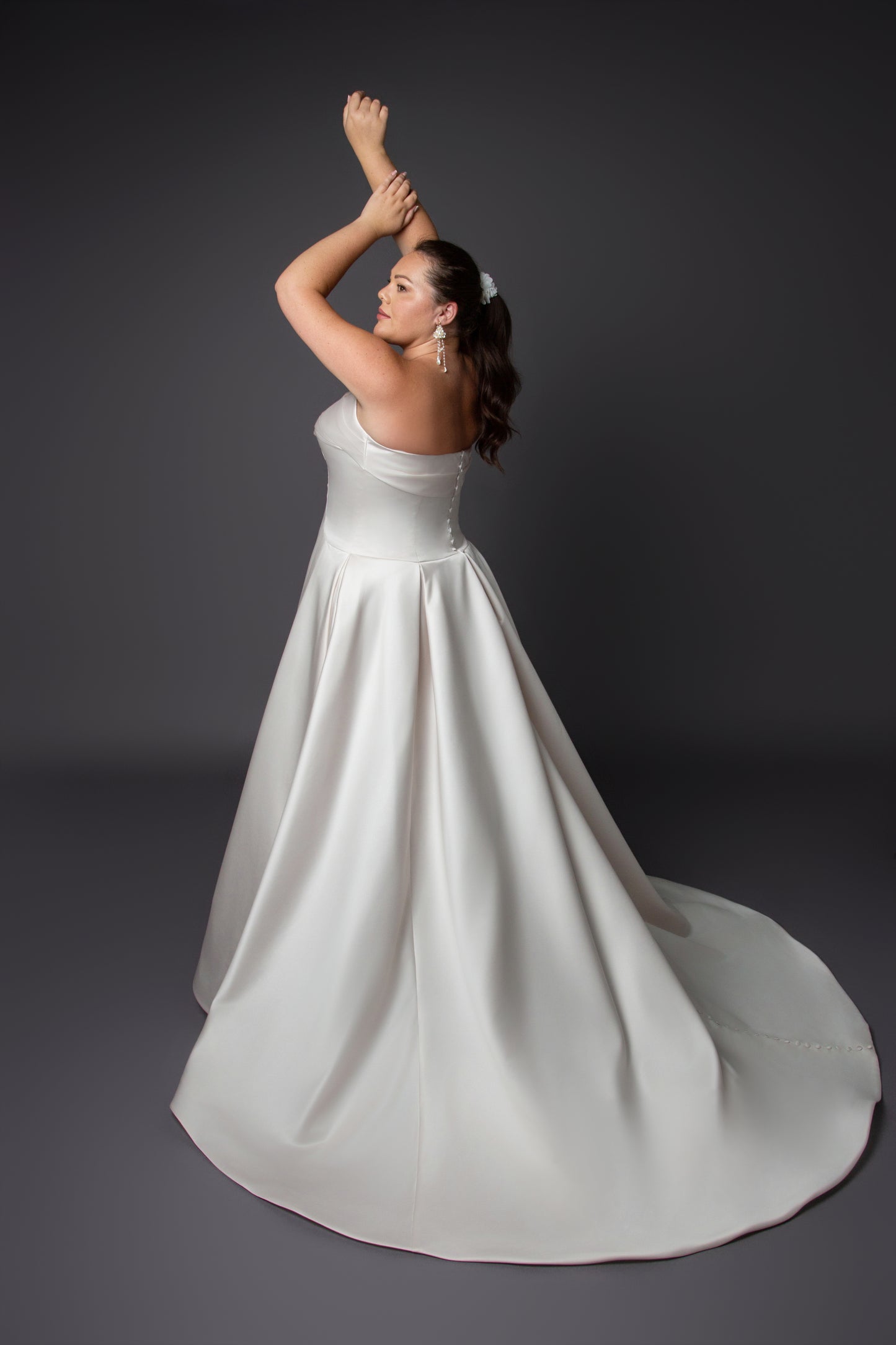 Slim Aline wedding dress with pleats on side cuff detail on bustline